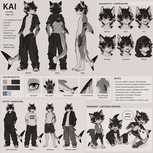 A teenage male anthropomorphic cat and black tip shark hybrid, reference sheet, animated version 