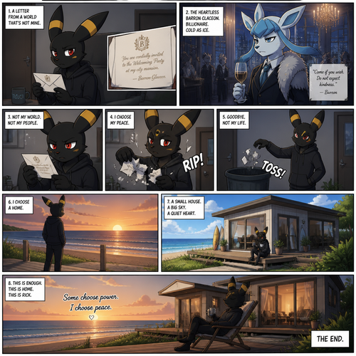 A non-rich grown Umbreon male (named Rick) got the envelope of a billionaire Glaceon’s (the heartless Barron) welcoming party at the city mansion from a mail. Decided to rip and toss the pieces of the envelope at the trash can and stay at home. Chooses a home. Lives on a small modern house at the beach. Well-made animated version. A good ending. A anthropomorphic verse. Side/front view. A comic.
