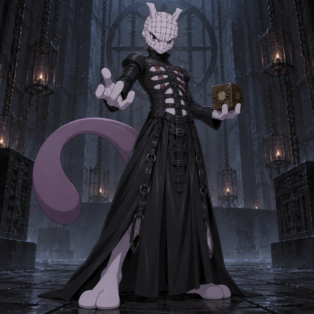 A male Mewtwo dressed up like Pinhead. Anime art style, solo, full body.
