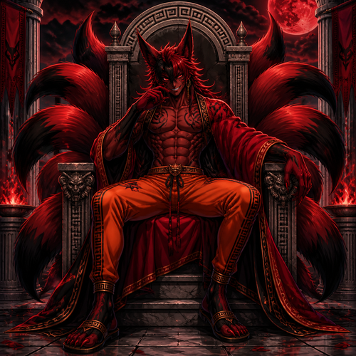 A demonic looking male red and black nine tailed fox wearing tight orange pants, no shirt showing a 16 pack of abs, a open red robe, sandals, and gold earrings. He is sitting on a Greek inspired throne with a wicked look on his face. Anime style art, solo, full body.