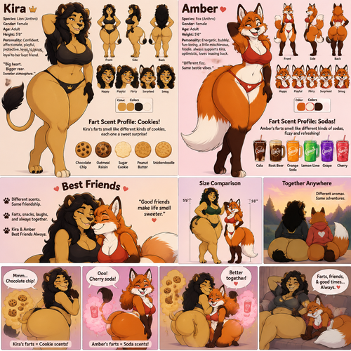 A female anthropomorphic lion named Kira that has a big rear a black mane and farts that smell like different kinds of cookies, is with her best friend, her best friend is a female anthropomorphic fox named Amber who has farts that smell like different types of sodas, reference sheet, animated version 