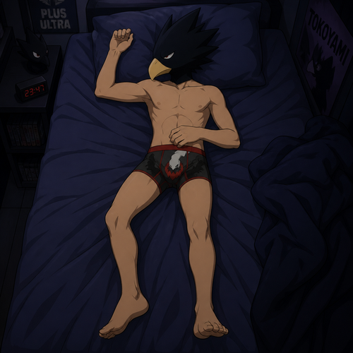 Tokoyami Fumikage wearing Darkrai themed underwear. He is sleeping on his bed. Anime art style, solo, full body.
