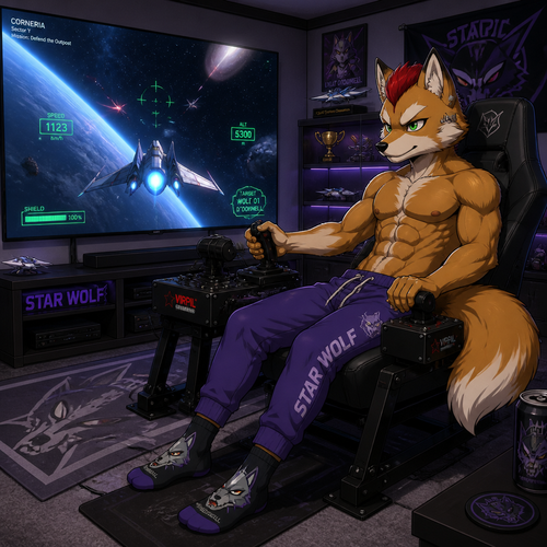A high school aged Fox McCloud wearing tight purple Star Wolf sweatpants, shirtless showing 16 pack of abs, red mohawk, and Wolf O’Donnell themed socks. Playing a flight simulator game on a 75 inch tv in a game room with realistic flight controls. Anime art style, solo, full body.