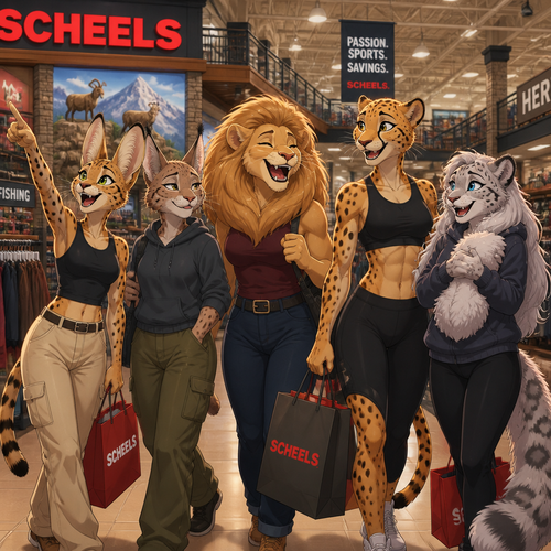 A female anthropomorphic serval with big ears, a female anthropomorphic lynx with a flat chest, a female anthropomorphic lion with a big mane, a tall anthropomorphic female cheetah with good muscles, and a female anthropomorphic snow leopard with a fluffy pelt shopping together and having fun in Sheels, animated version