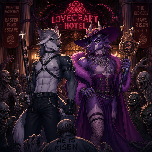 A well-made homosexual male character, Sergal and the drag queen a Dragon male, both facing the living dead inside the lovecraft hotel on today’s Easter. A badass animated version of reality. Front view.