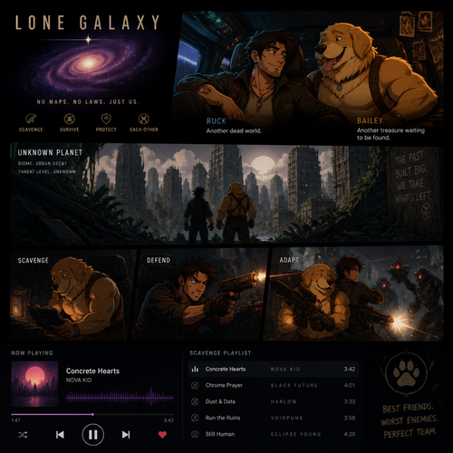 In a lone galaxy, a well-made animated version. In a spaceship, a human pilot/scavenger, and his best friend a thick homosexual anthro gay golden retriever with floppy ears. Both finding themselves on a scavenging hunt and knows how to defend themselves from any threats even some robots. In an abandoned planet unknown in a concrete jungle. And do better with music.