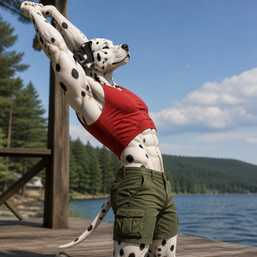 A handsome young male Dalmatian wearing green cargo shorts and a tight red sleeveless shirt. Has a six pack abs, stretching his arms upwards while leaning back. Side view.