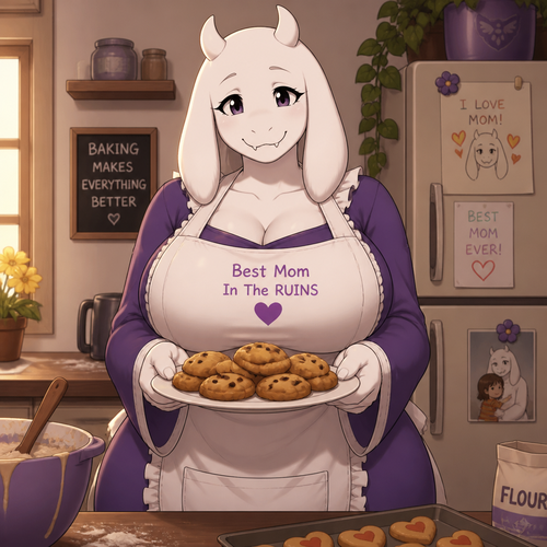  Toriel. Has Big breasts. Wears an apron. Love baking goods. At home. Well-made animated version. A single mother. Front view.