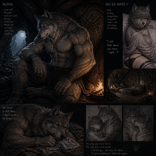 The well-made big and buff alpha male grey wolf tribe who lives in a cave all alone with no pack and misses his ex-mate (a male femboy omega grey wolf beta) sadly.
