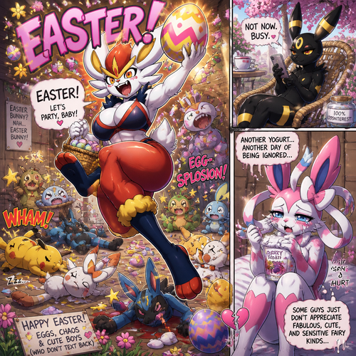 A busty well-made fluffy female Pokemon character, Cinderace. Who celebrates on today’s Easter Day and shouts, EASTER! And wrecking up a place like a crazy party girl while she knocked other Pokemon out on a floor cold by her throwing eggs but A cute but creepy but a gay male Sylveon just as sad and irritating about being ignored by a male Umbreon while eating a healthy yogurt distracted and appreciated. All well-made anthropomorphic characters. A dramatic and a funny comedy show. Animated views. Spring season.