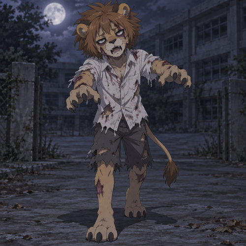 A middle school aged anthropomorphic male Lion wearing a torn and ragged shorts, disheveled white button up shirt. He is wearing Zombie makeup and acting like a Zombie. Anime art style, solo, full body.
