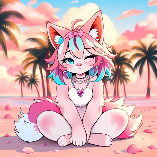 pink peach white anthropomorphic fursona, blue eyes, female, fluffy tail, white tip on the tail, blush on cheeks, white snout, pink heart nose, polka dot bow, animal, white paws, cute rhinestone collar with bell, short pastel rainbow hair wavy, sunset beach, palm trees, rainbow top with blue jean shorts, furry cat girl, fursona, sitting crossed legged, seashells in the sand, winking 