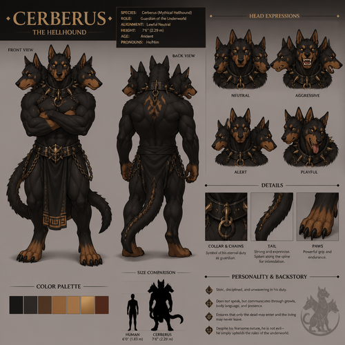 Anthropomorphic Cerberus reference sheet