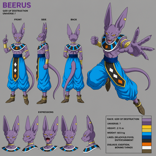 Beerus from Dragon Ball Super, reference sheet, action pose, anime art style, full body.
