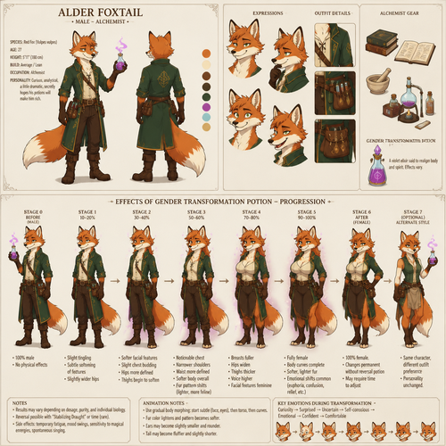 A male alchemist fox, reference sheet, shows the progression of the effects of a potion that changes his gender, animation version 