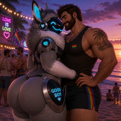 A well-made happy fluffy gay Protogen (male character) with thick thighs and a huge butt also has no tail while being with a gay man holding together in closeness at the party of a beach at dusk. Hand on hips.