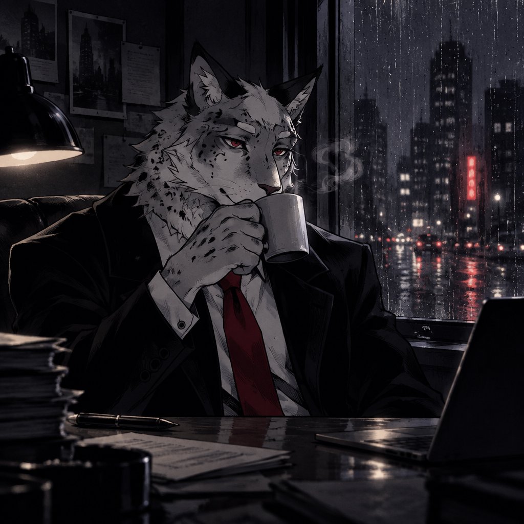 Anthropomorphic spotted cat wearing a suit, working at a desk in a rainy city office