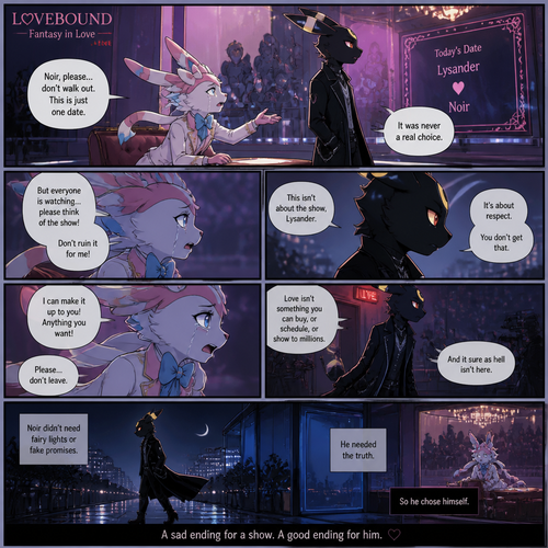 In a well-made anthro Pokemon universe, an non-rich grown brave male half gothic Umbreon named Noir refuses to accept the sham date with a grown richest male Sylveon (the spoiled careless Barron named Lysander) on a live dating fantasy show (in modern life) a week ago and then decided to leave while being begged not to go because love isn’t here. A well-made animated version. A sad but a good truthful ending. A comic. Side view.