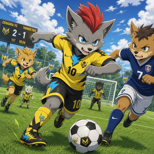 A elementary school aged male grey dire wolf wearing Zeraora themed soccer uniform, short red mohawk hairstyle. He is out on a soccer field during a partly cloudy day, playing aggressively in a game of soccer with his friends. Anime art style, full body.