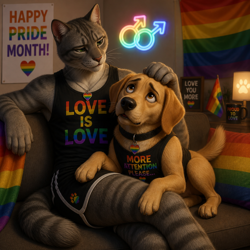 A homosexual male dog with floppy ears, sits on a male cat’s leg, giving a needy whining look for wants some attention, and wants some more loving. Today’s pride month. 