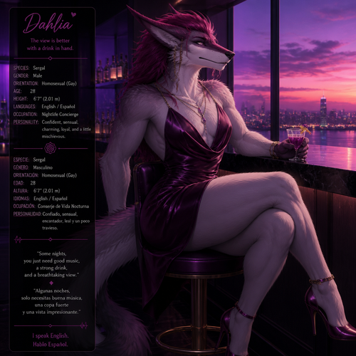 A gorgeous adult homosexual gay Sergal that wears a short gown and hight heals, has dark pink hair, has thick thighs and hips, wears eyeliner and a violet lipstick, sits on a seat at the bar, a well-made male character, speaks both English and Spanish, and looking at a view.