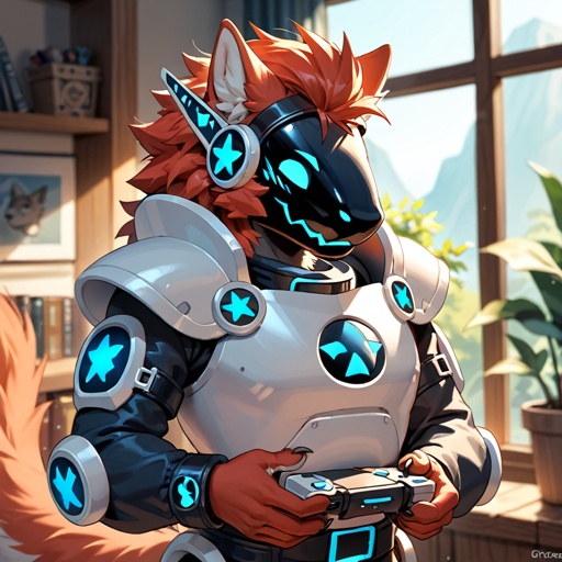 A well made pansexual male Protogen plays video games in the game room.