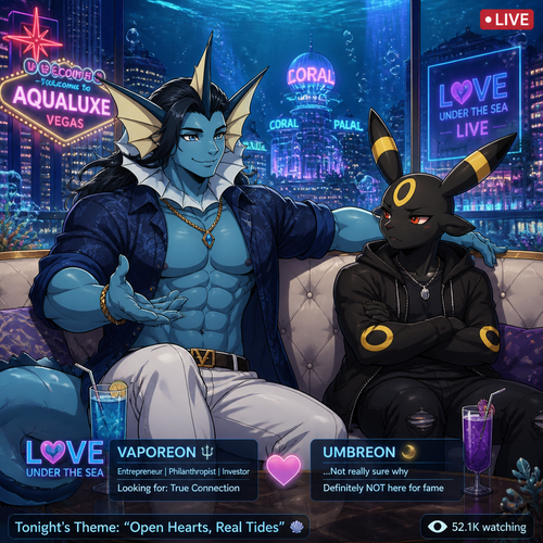 In a dating reality show on live, a very wealthy grown anthro Vaporeon gay male with buff body and dark long hair color who invited a non-rich anthro grown Umbreon male that doesn’t want to be here and wonder why. A well-made animated version. In the city underwater that looks like Las Vegas. A modern life. gentle and kind. Likes. Sober.