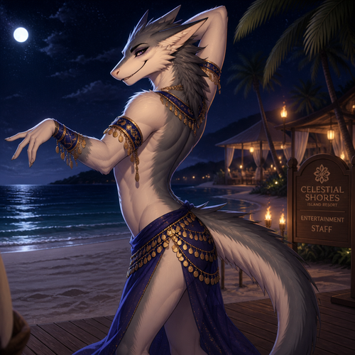 A homosexual adult male Sergal, doing a belly dancer, has good hips and a pretty smile, wears eyeliner, at the beach at night, and works at a resort on the island. Giving a flirting look. In an animated verse. A hidden bulge. Side view.