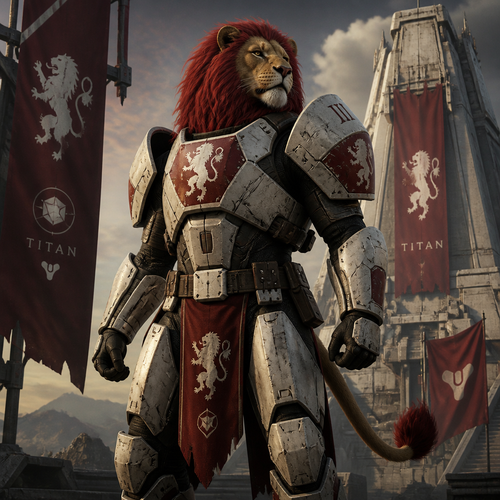 A male Lion with a red mane standing tall and proud. Wearing Titan armor from Destiny 2.