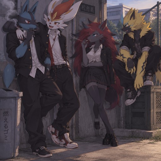A high school aged male Lucario wearing delinquent outfit. He is behind the high school, smoking a cigarette with his friends: a male Cinderace who is also his boyfriend, a female Zoroark, and a male Zeraora. Anime art style, full body.