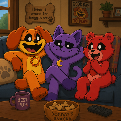 Dogday, Catnap, and Bobby Bearhug hanging out together on the couch in Dogday’s house animated 