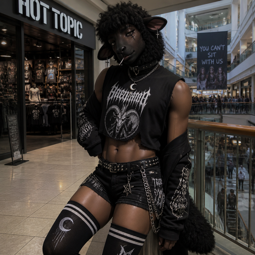 A grownup homosexual gay Black Sheep male, wears moon pendant necklace and an eyeliner, wearing some short clothes from Hot Topic, stick a lollipop on mouth, and has thick thigh highs. At the city’s mall.