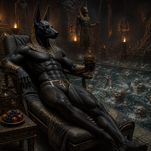 Anubis wearing tight Egyptian style swim trunks, no shirt and golden bracers on both arms. Sitting on a pool chair in the underworld, next to a pool filled with water full of screaming souls.