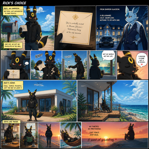 A non-rich grown Umbreon male (named Rick) got the envelope of a billionaire Glaceon’s (the heartless Barron) welcoming party at the city mansion from a mail. Decided to rip and toss the pieces of the envelope at the trash can and stay at home. Chooses a home. Lives on a small modern house at the beach. Well-made animated version. A good ending. A anthropomorphic verse. Front and Side view. A comic.