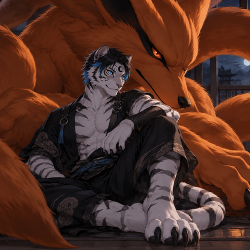 male, anthro, white tiger, short black hair with bright blue tips, black crescent on forehead, blue eyes, digitigrade footpaws,Kurama Protecting