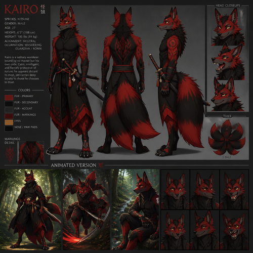 Male anthropomorphic kitsune with red and black fur in a forest, reference sheet, animated version 