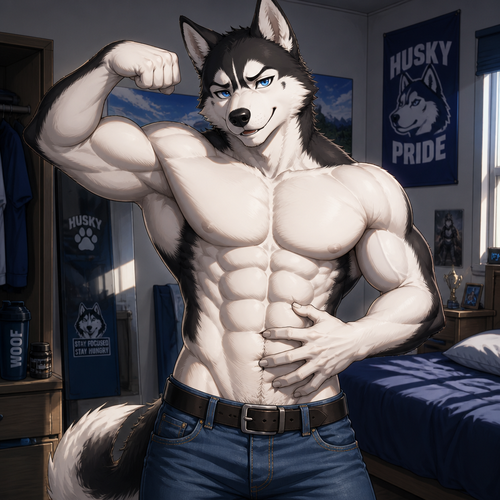 A young male husky wearing blues jeans with a belt tight on his waist and no shirt. Flexing his arms showing off his muscles while rubbing his 8 pack abs. Anime art style