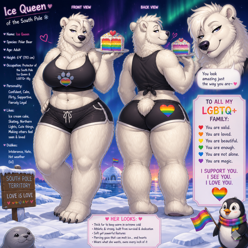 A busty well-made adult anthropomorphic tomboy polar bear female who lives in South Pole territory with a rainbow color ice cream cake on her paw. Has thick thighs and thick fur. Large looks. Front/back view. Calm and confident. Animated verse. Give a flirty look. Gives love and support sign to all LGBTQ+. Her looks.