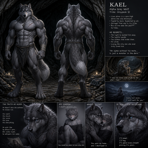 The well-made big and buff alpha male grey wolf tribe at front/rear view who lives in a cave all alone with no pack and misses his ex-mate (a grown fuzzy male femboy omega grey wolf tribe) sadly depressed and have regrets.