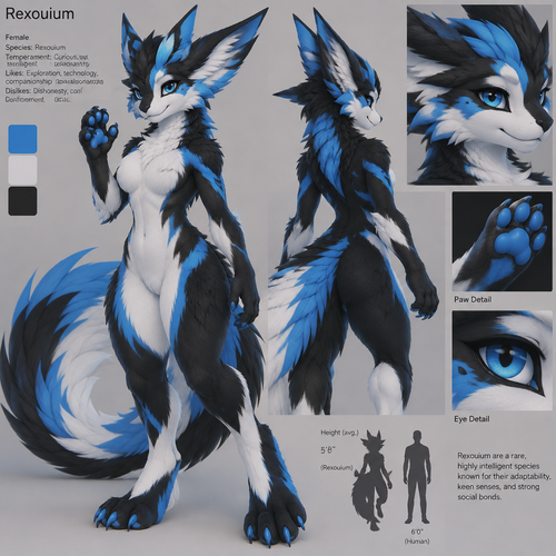 a female furry rexouium with blue, white, and black fur
