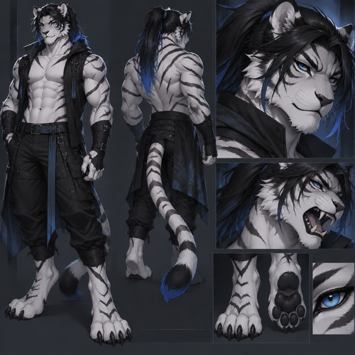 Male, anthro white tiger, digitigrade footpaws, thick black hair with blue tips, hair in a long ponytail, blue eyes, monster
