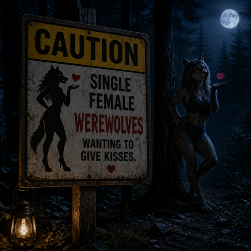 In a forest at night, a warning sign says; caution, single female Werewolves, wanting to give kisses.