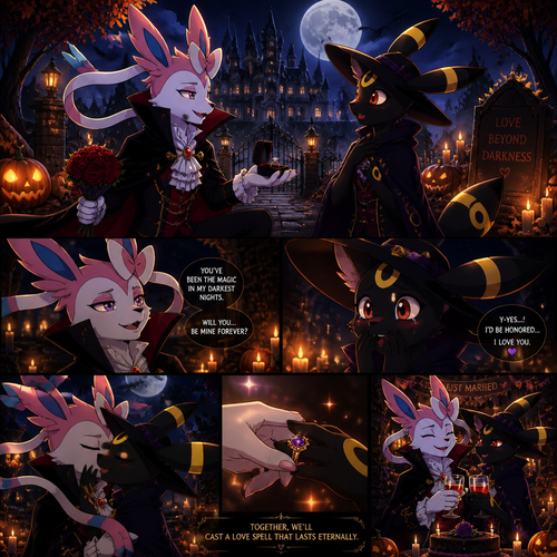 In this anthropomorphic verse on a Halloween night, a wealthy grown Sylveon male (the Barron who dressed as a gay vampire) who spent many days with his boyfriend (a non-rich grown Umbreon male dresses as a witch) while finally asking to marry him to show affection. A well-made animated version. A spooky and scary holiday on October autumn.
