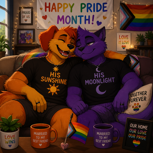 A anthropomorphic smiling critters verse. Both anthro DogDay and Catnap are both boyfriends living together and married. Sits together on a sofa. Today’s pride month. Both grownups. Animated art version.
