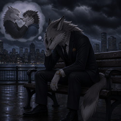 A shameful billionaire male Sergal just lost his non-rich male Sergal boyfriend and remembers how he regretted about losing him before breakup their relationship not too long ago while sitting on a bench alone outside of a dark clouds in a city.