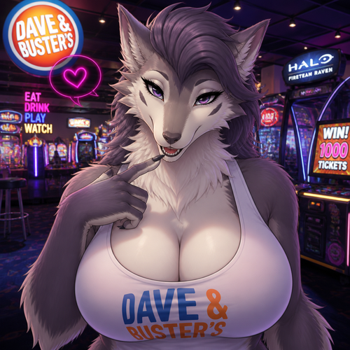 A well-made busty female adult Sergal is inside the Dave’s and Busters arcade in a mall, and having a good time. Animated version. Wears a visible tank-top. Flirty and soft. Front/closer view. Frontshot. 