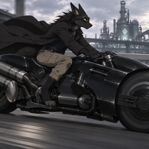 male, black fur, maned wolf, golden eyes, digitigrade footpaws, toned body,dark blue shirt, khaki pants, black pawsocks that expose the toes and heel while going up mid calf on the footpaws, wearing a black trenchcoat, anime style, riding Final Fantasy Advent Children Cloud Strife Motorcycle, side view, wide screen, wearing goggles on his eyes