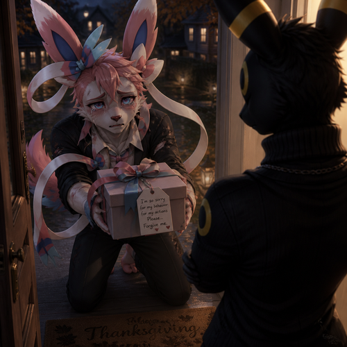 An evil but broken well-made Pokemon male character, Sylveon who’s at the front door outside carries a gift box with ribbons for an apology for his behavior and his actions while beg the male Umbreon for forgiveness at today’s thanksgiving in the anthro verse.