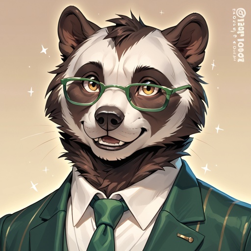 Anthro badger  kinda fat wearing a brown tunxedo with skinny gold lines, with a green tie, and has small circular glasses.