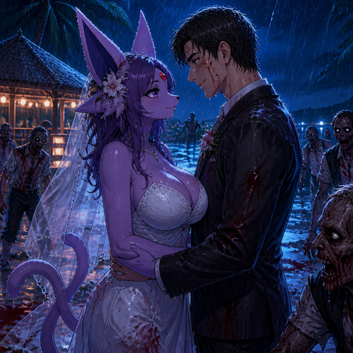 In this reality, at the wedding right before everything was perfect but then after the zombies came crashed and ruined the party became a blood bath. A busty adult female anthro Espeon the bride and her adult human groom as husband and wife stand bye side together and face the living dead at night. A well-made animimated version. A modern life. On a tropical island resort. Gotten all wet by the rain. Love and support each other and happily. Looking at each other with hope and still alive. Side view. 